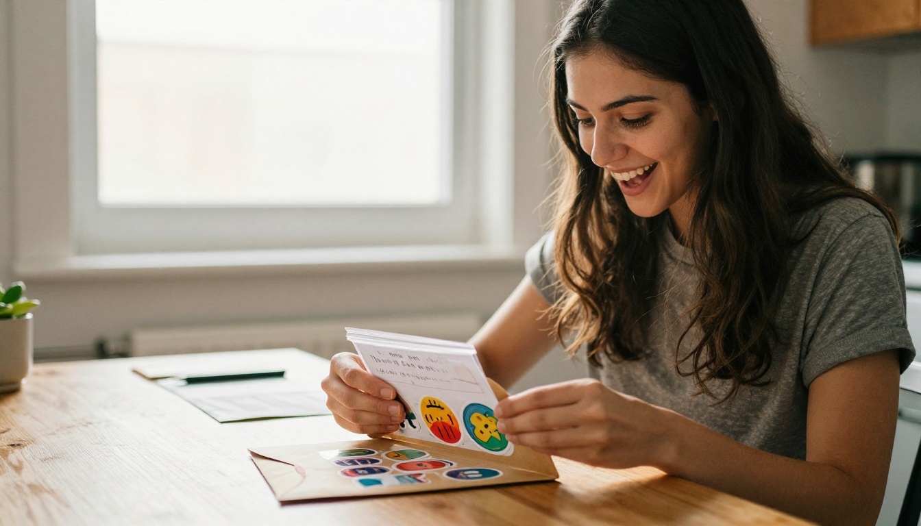 Warm candid shot of a young woman opening a kraft paper mailer envelope revealing custom die-cut stickers and a handwritten thank-you note Warm candid shot of a young woman opening a kraft paper mailer envelope revealing custom die-cut stickers and a handwritten thank-you note