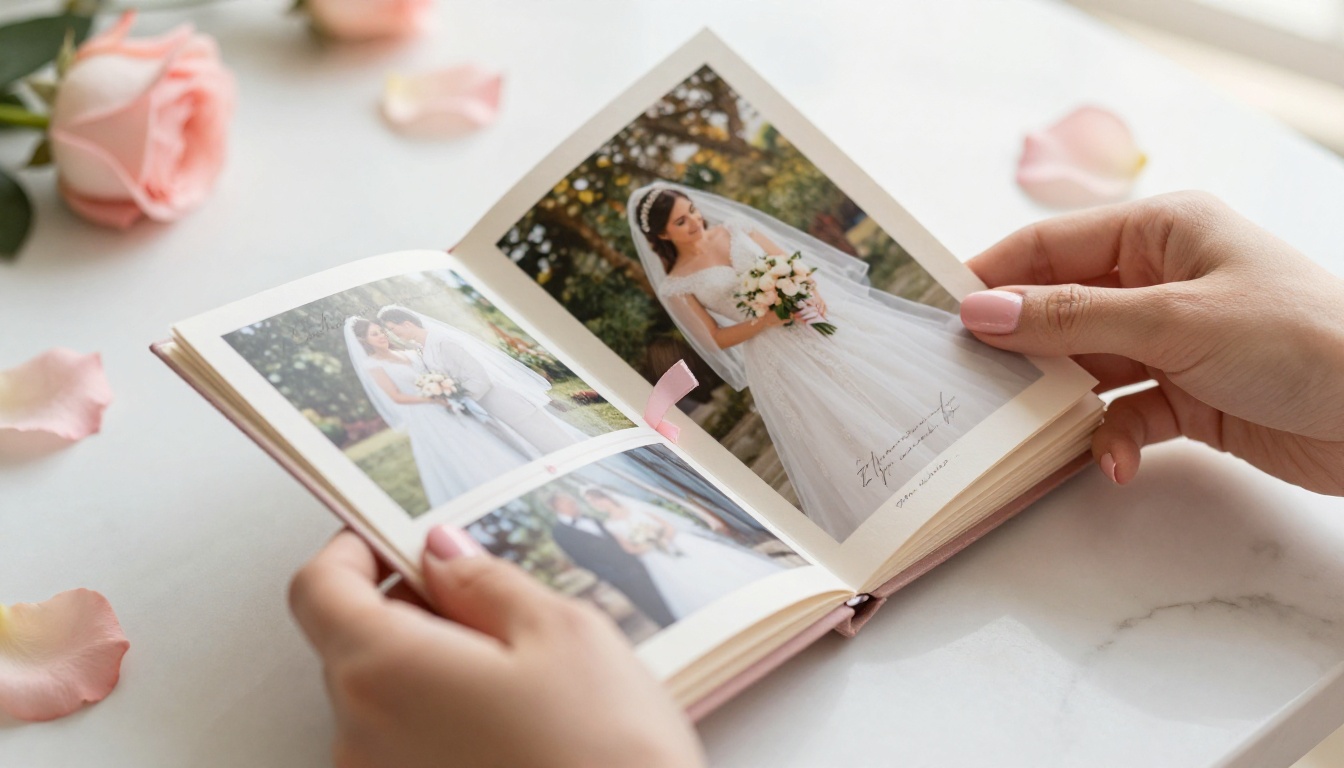 Hands gently turning pages of a custom bridal shower flipbook