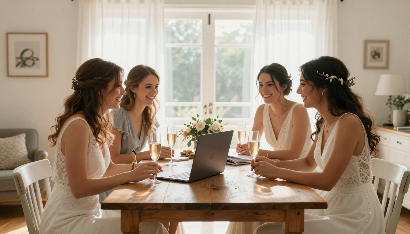 Bridesmaids designing a digital flipbook together on a laptop
