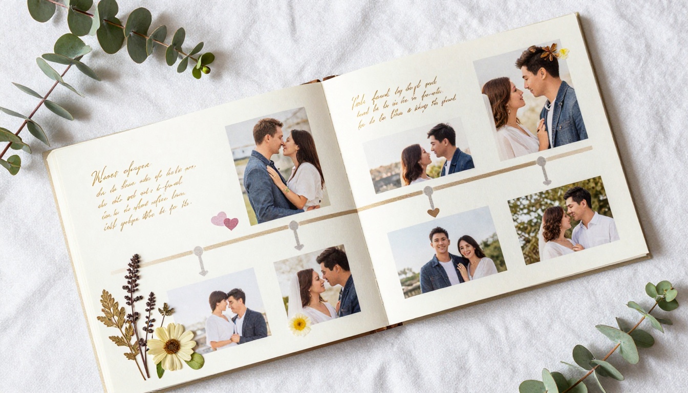 Timeline flipbook page with couple photos and calligraphy captions