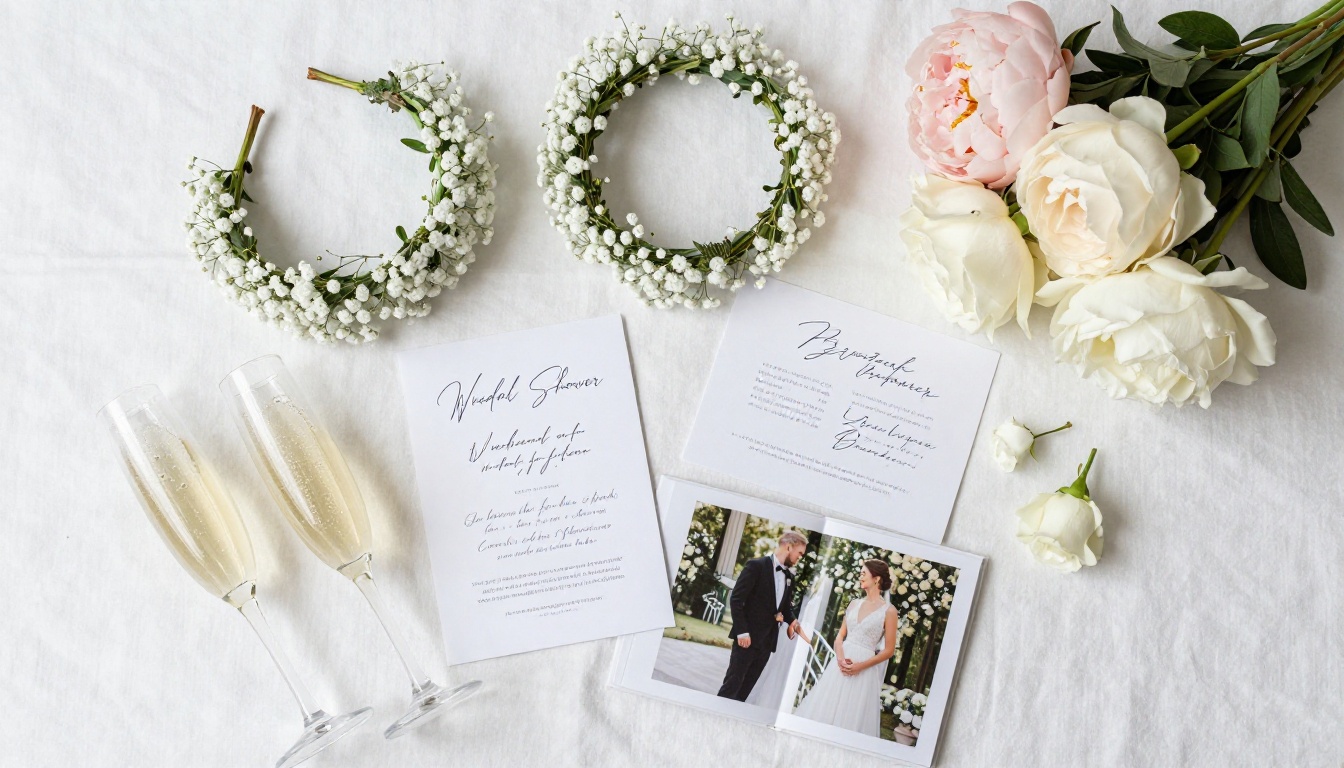 Bridal shower flat lay with flower crown, champagne, and custom flipbook