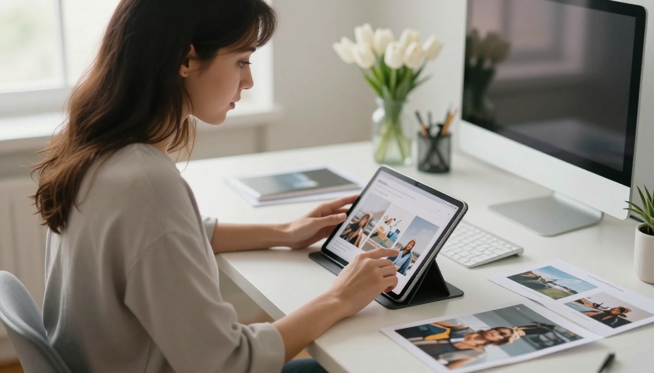 Woman uploading photos to a flipbook creation platform on a tablet