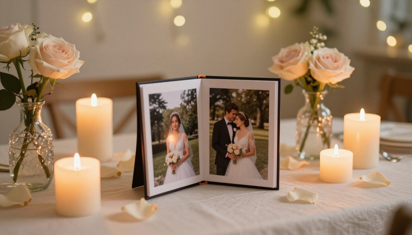 Custom flipbook as bridal shower table centerpiece with candles and roses