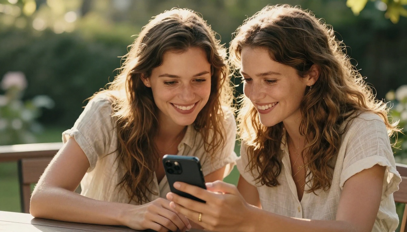 Two sisters viewing a digital flipbook together outdoors in warm afternoon light