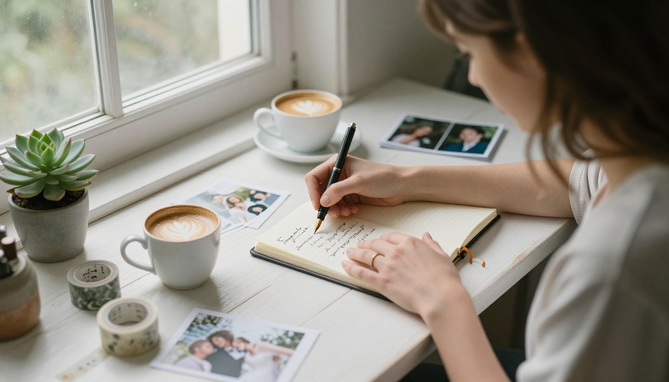 Woman hand-lettering captions at a desk for a bridal shower flipbook