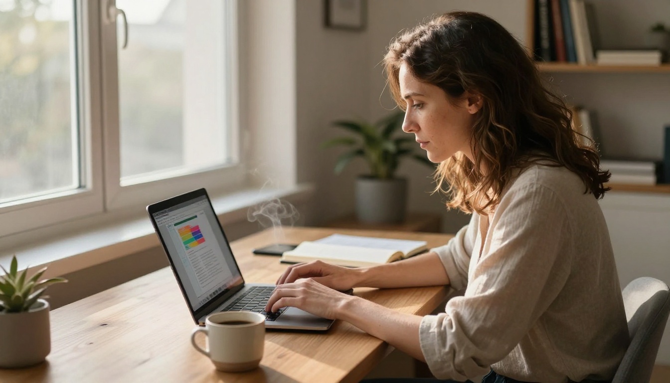 Author working on her book launch flipbook at a warm home desk