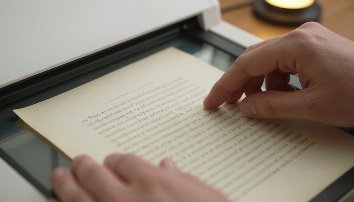 Hands placing a manuscript page onto a scanner for digital conversion