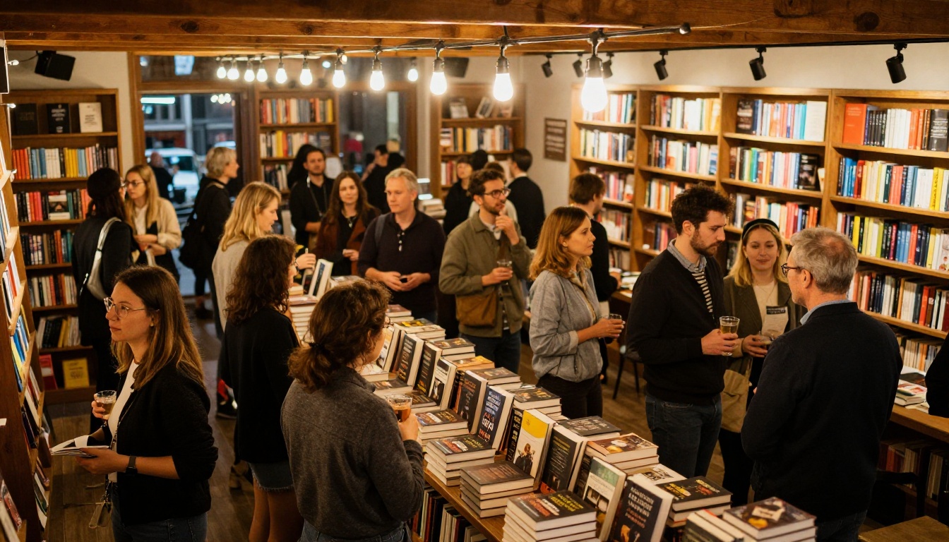 Intimate book launch event in a warmly lit independent bookstore