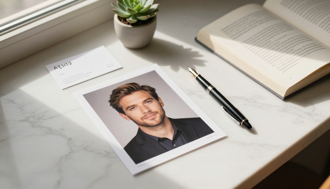 Author bio flat-lay with headshot, pen, and book on marble surface