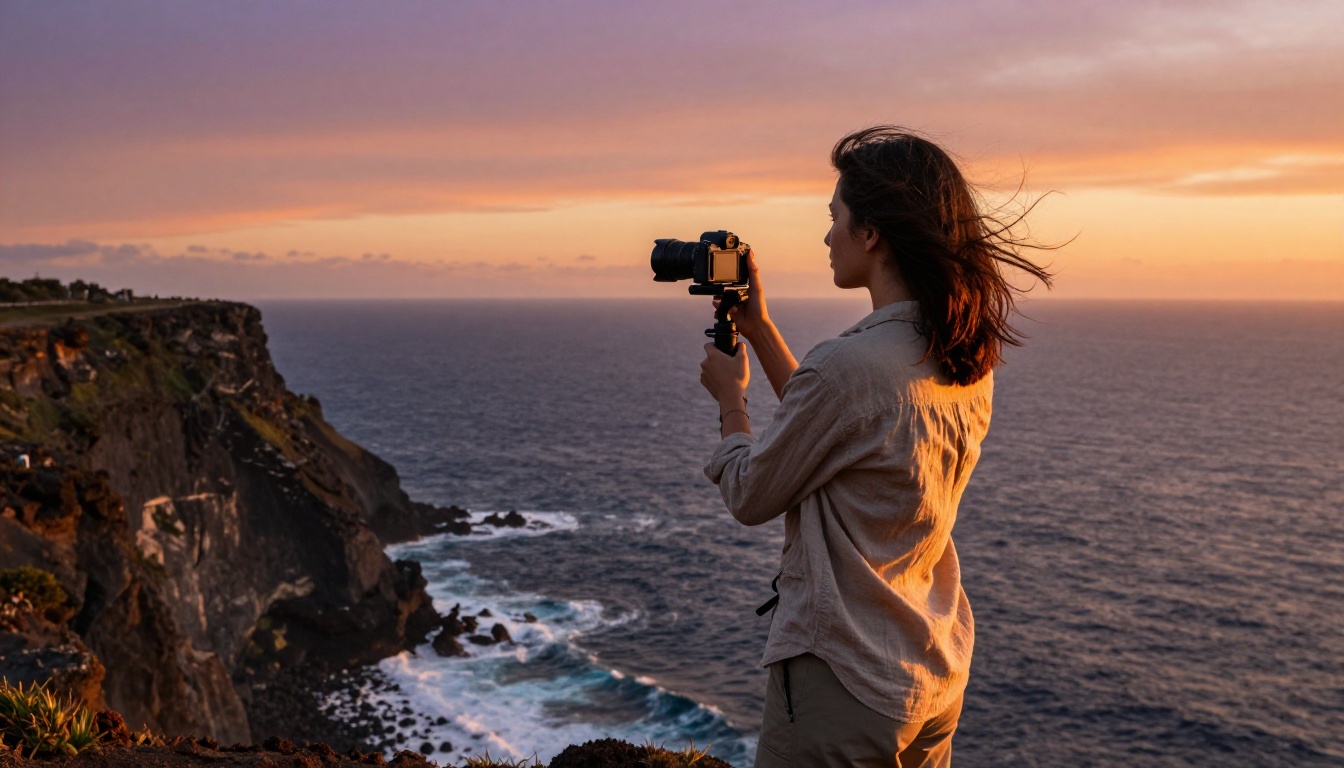 Travel vlogger filming at golden hour on a coastal cliff