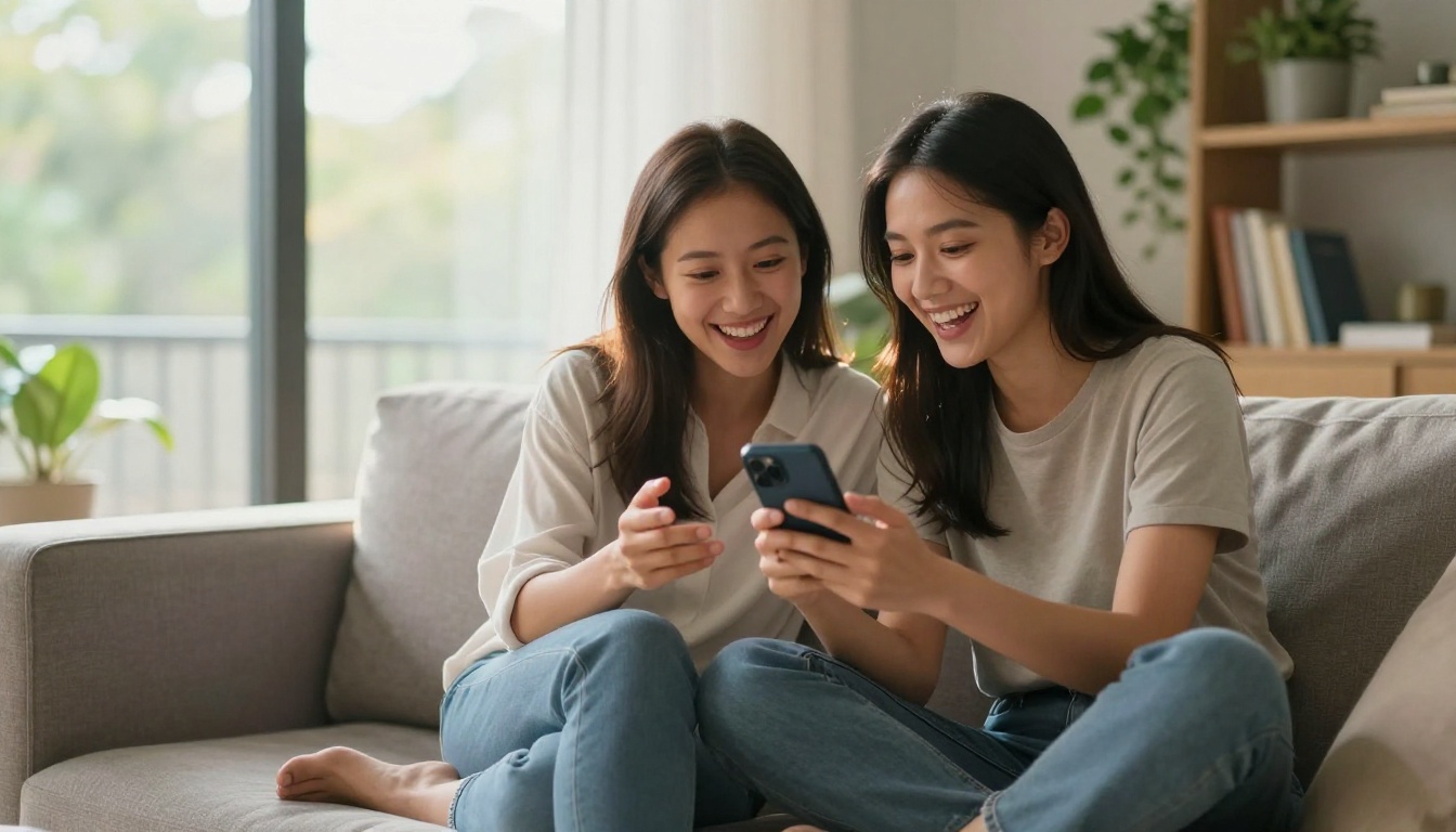 Friends enthusiastically sharing a book flipbook preview on a smartphone