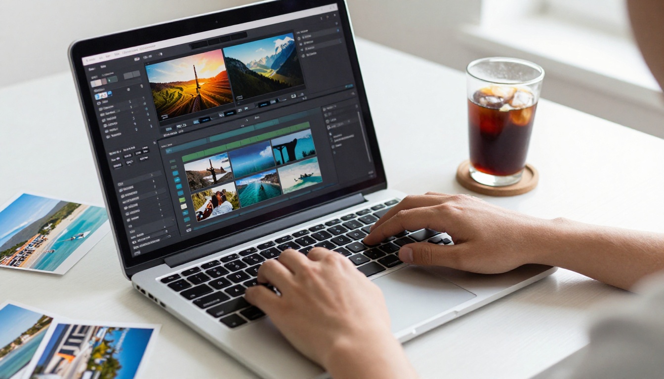 Laptop showing a travel video editing timeline with travel photos arranged around it