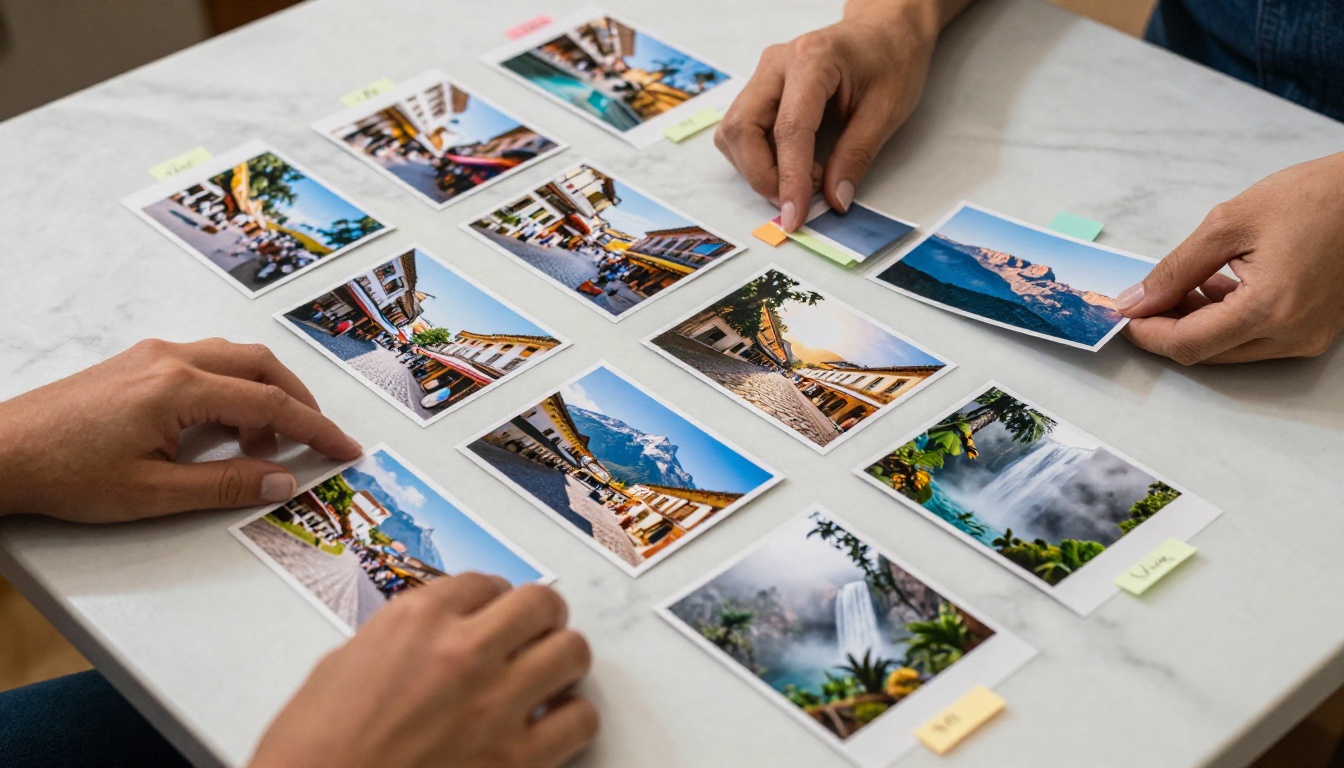 Hands arranging printed travel photos in sequence on a marble table