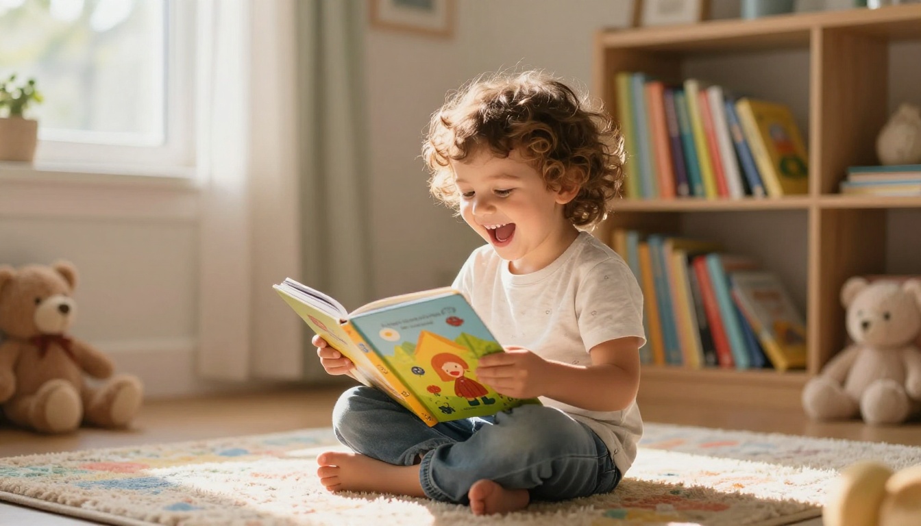 A child delighting in the pages of a colorful flipbook children's book