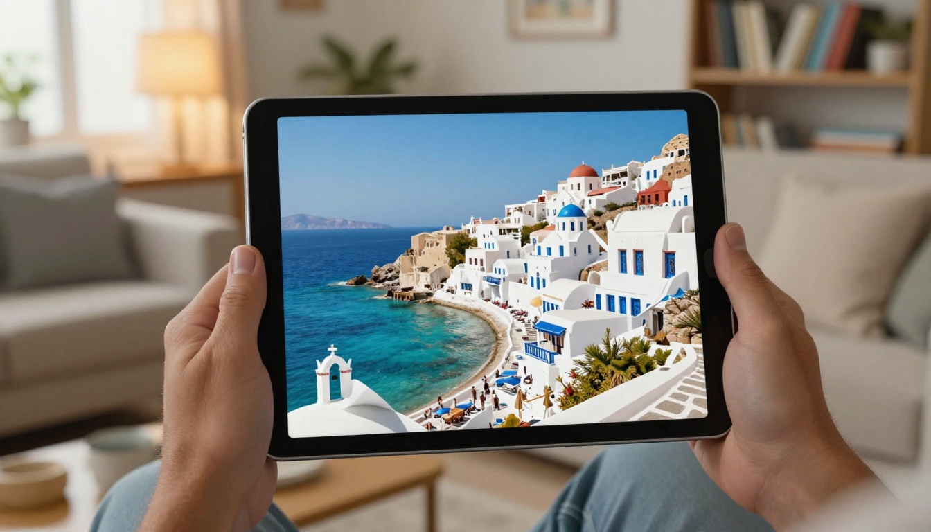 iPad displaying a travel flipbook with page-curl animation in a sunlit living room