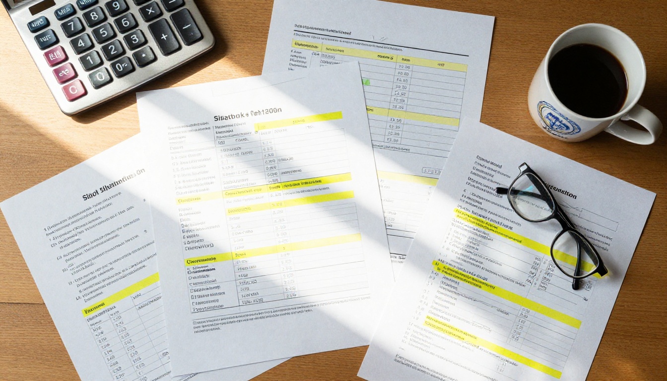 School budget documents and yearbook invoices spread on a desk with a calculator School budget documents and yearbook invoices spread on a desk with a calculator