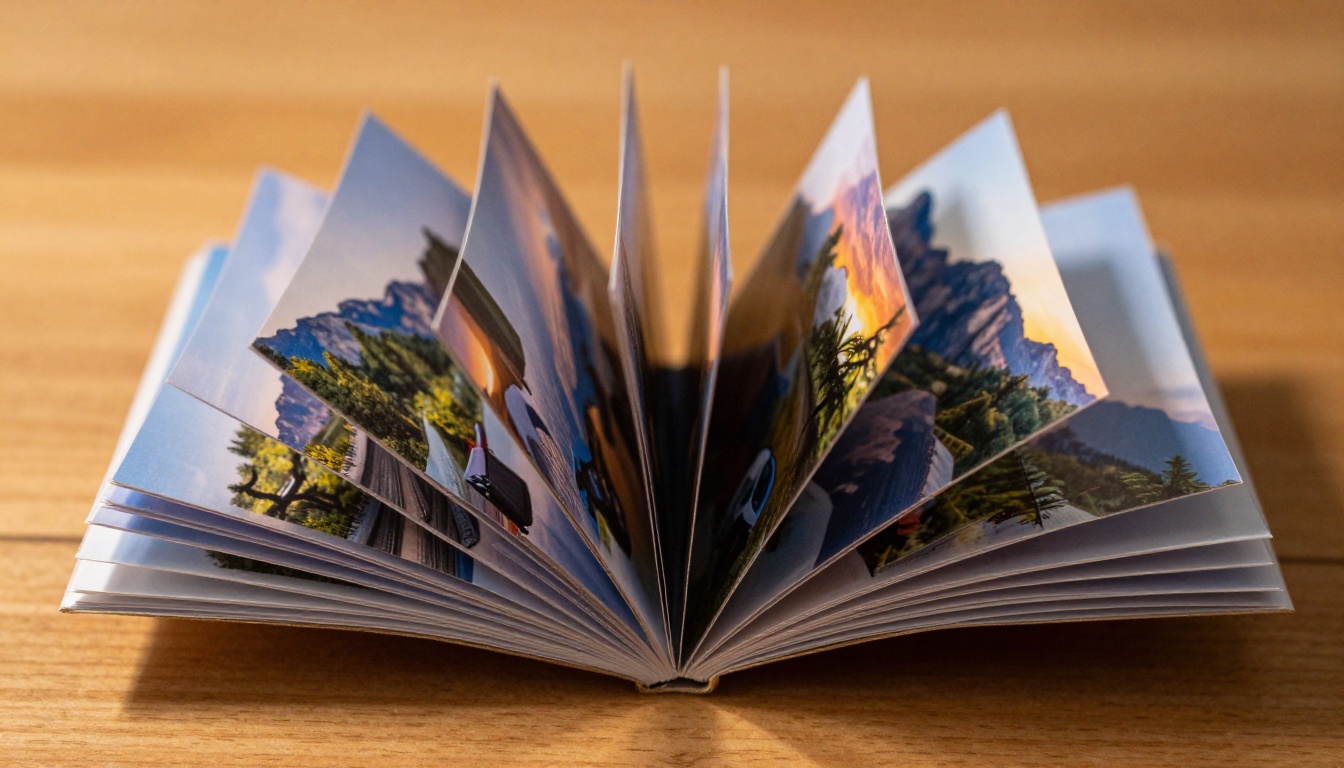 Macro close-up of a physical flipbook mid-flip with travel images on each page Macro close-up of a physical flipbook mid-flip with travel images on each page