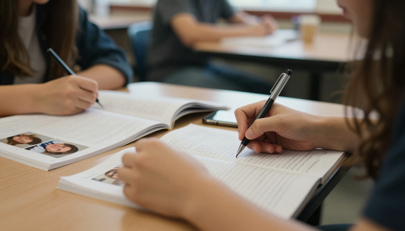 Two teenage students signing each other's printed yearbooks at a school cafeteria table Two teenage students signing each other's printed yearbooks at a school cafeteria table