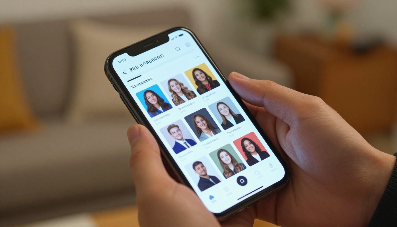 Young person's hands holding a smartphone displaying a digital yearbook with student photos in a grid Young person's hands holding a smartphone displaying a digital yearbook with student photos in a grid