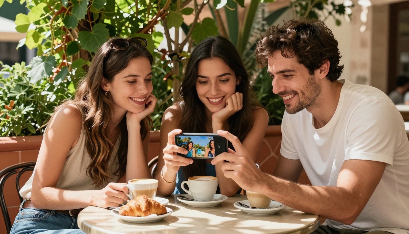 Three friends laughing at an outdoor café while sharing a travel flipbook on a smartphone