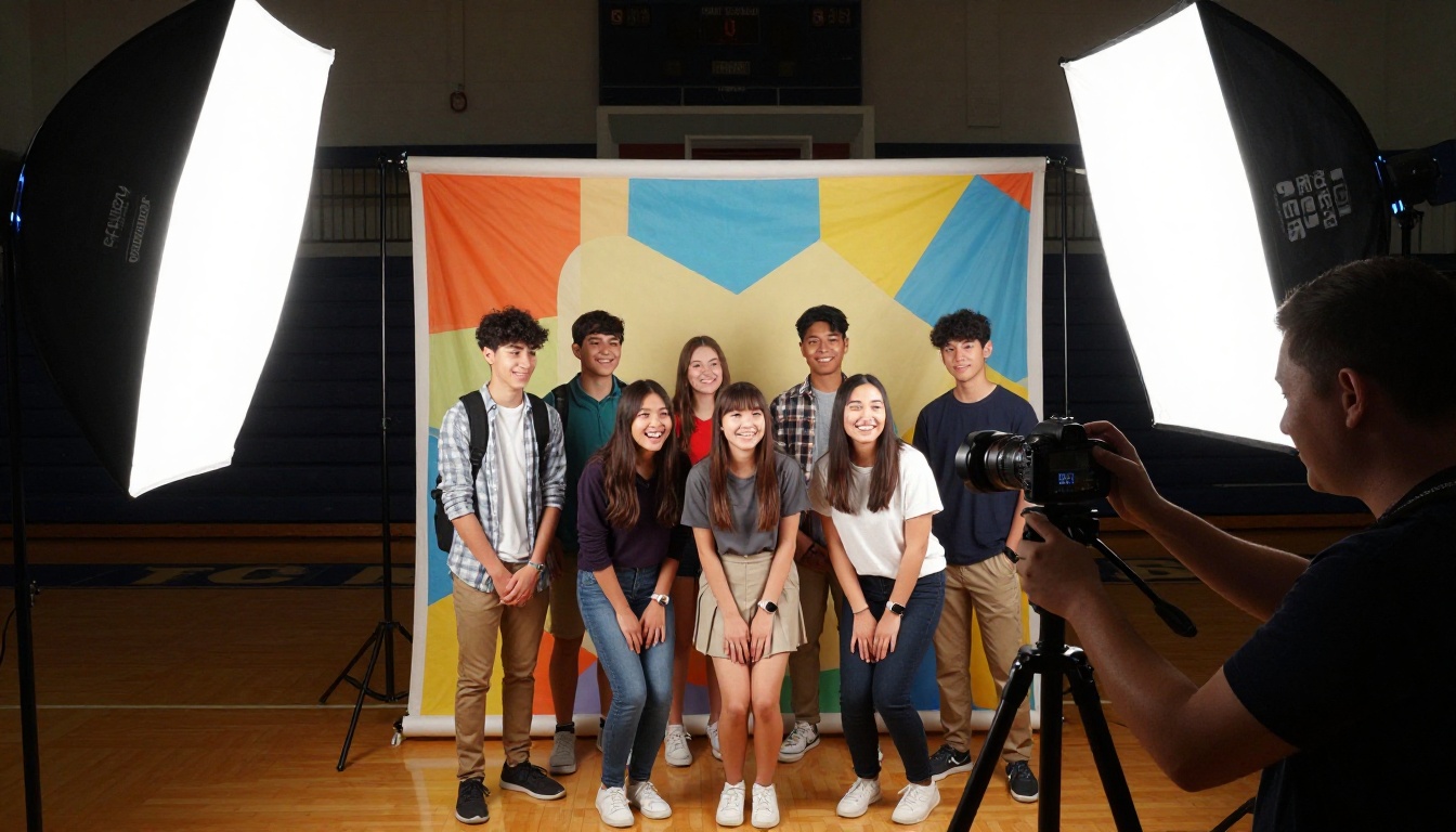 A professional photographer at a school photography session in a gymnasium with students posing on a backdrop