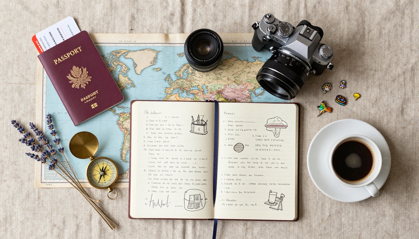 Aerial flat-lay of travel essentials: camera, passport, map, journal, compass, and espresso cup on linen Aerial flat-lay of travel essentials: camera, passport, map, journal, compass, and espresso cup on linen