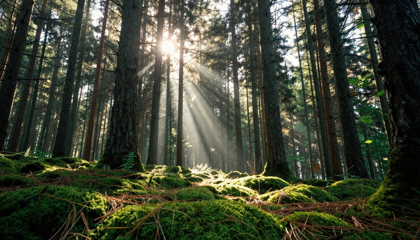 A dense forest of tall pine trees with morning sunlight filtering through the canopy A dense forest of tall pine trees with morning sunlight filtering through the canopy