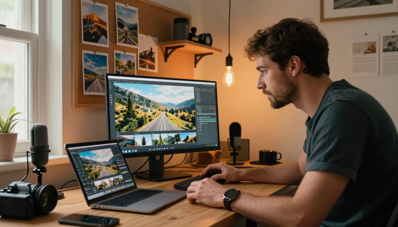 Travel content creator reviewing a travel story layout on an ultrawide monitor in a warm home studio Travel content creator reviewing a travel story layout on an ultrawide monitor in a warm home studio
