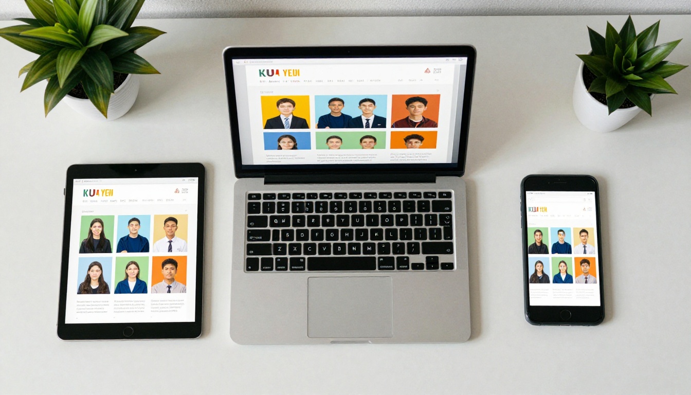 Three devices showing the same digital yearbook simultaneously on laptop, tablet, and smartphone on a desk