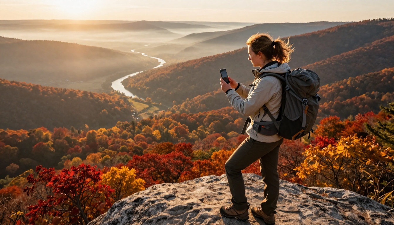 Solo hiker standing on a mountain summit reviewing travel footage on her smartphone with a vast autumn valley below Solo hiker standing on a mountain summit reviewing travel footage on her smartphone with a vast autumn valley below