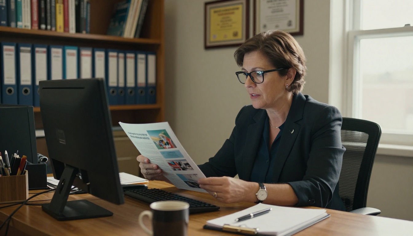 A school principal in her office reviewing digital yearbook options on a desktop computer