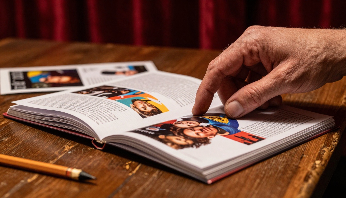 Weathered hands gently turning glossy pages of a theater program flipbook on a worn oak table