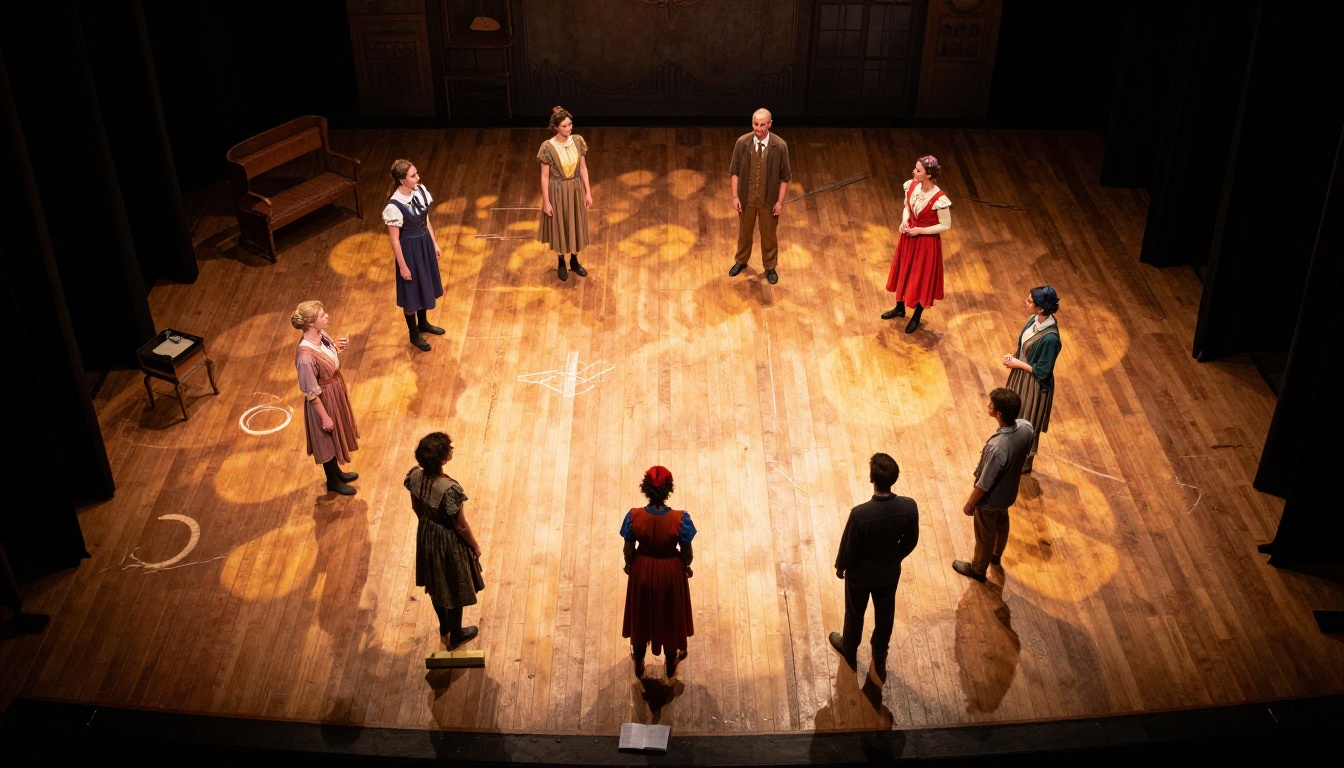 Aerial view of community theater stage during afternoon rehearsal with costumed actors in period dress