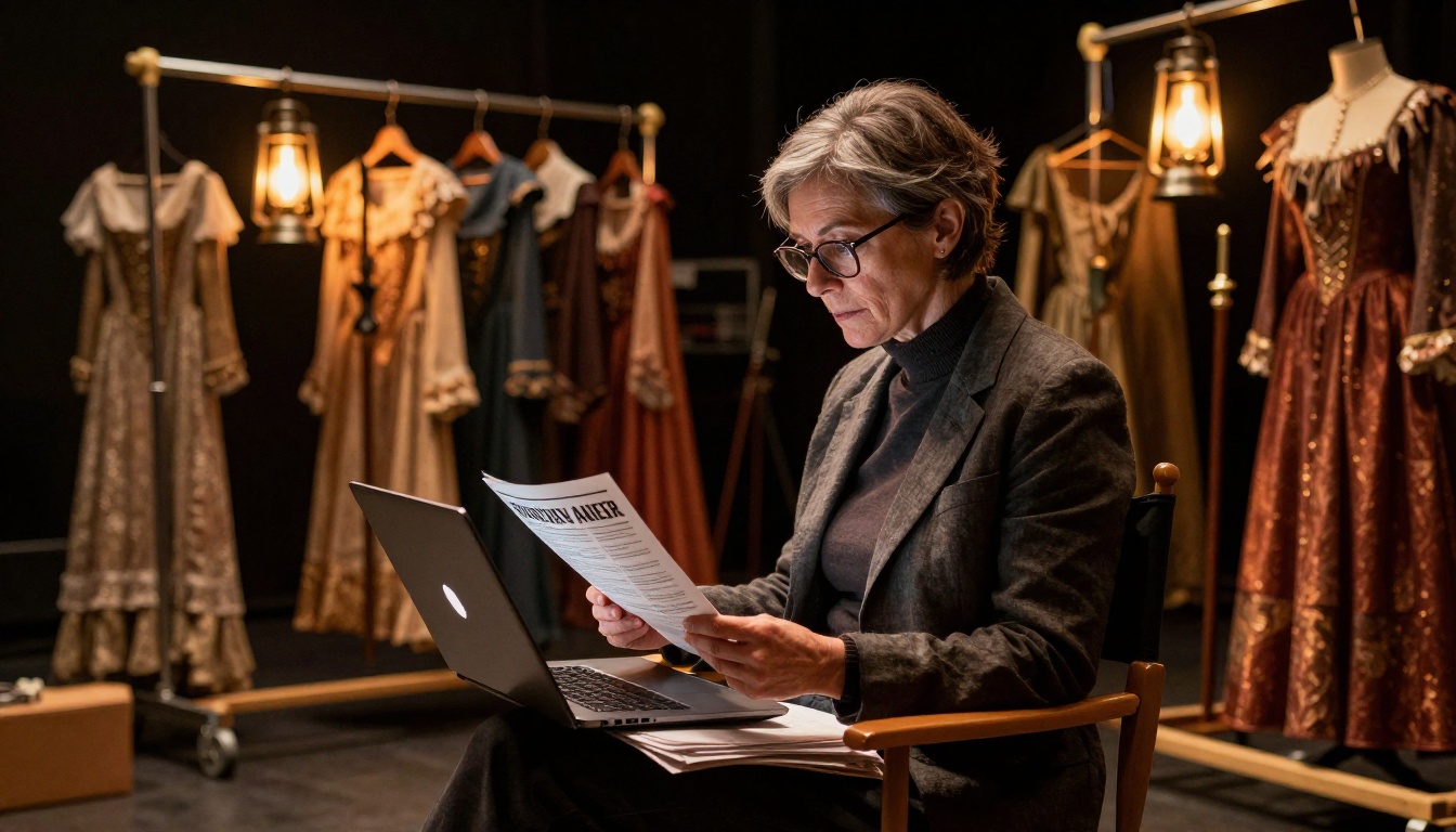 Theater director reviewing digital program content on laptop backstage