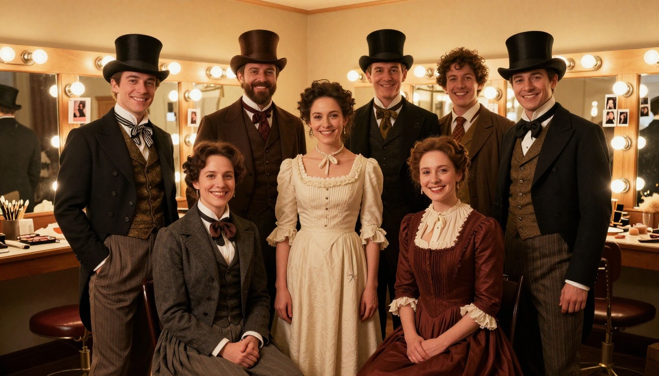 Cast members in Victorian costumes posing for production photos in a warmly lit dressing room