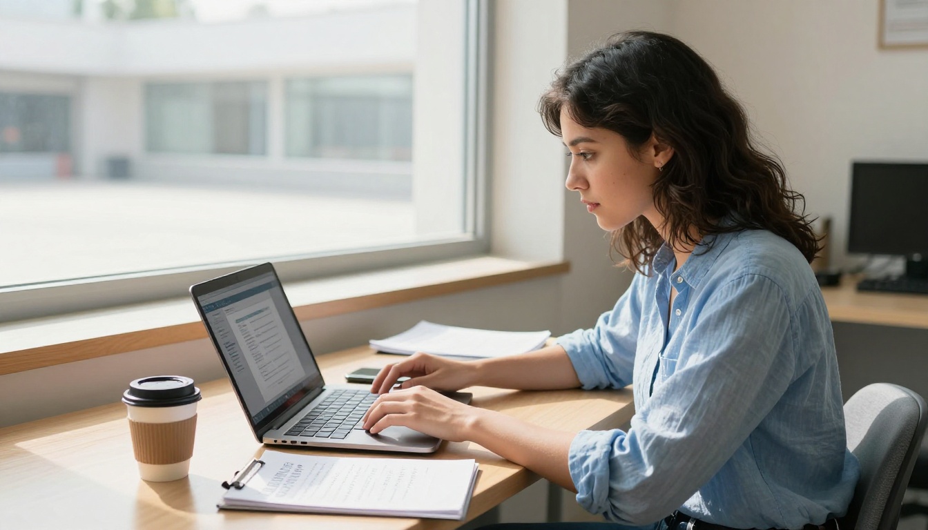 Young woman uploading theater PDF to flipbook conversion tool on laptop in bright office