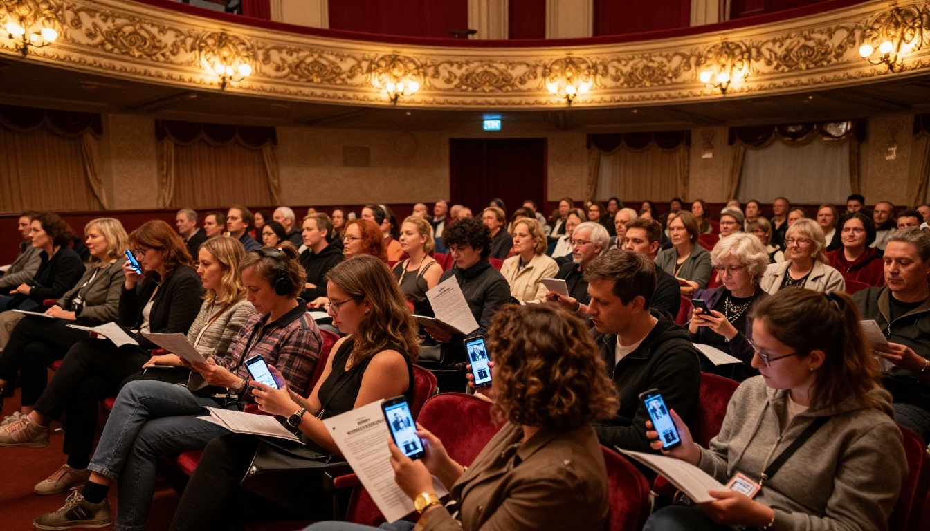 Community theater audience viewing digital programs on smartphones during intermission