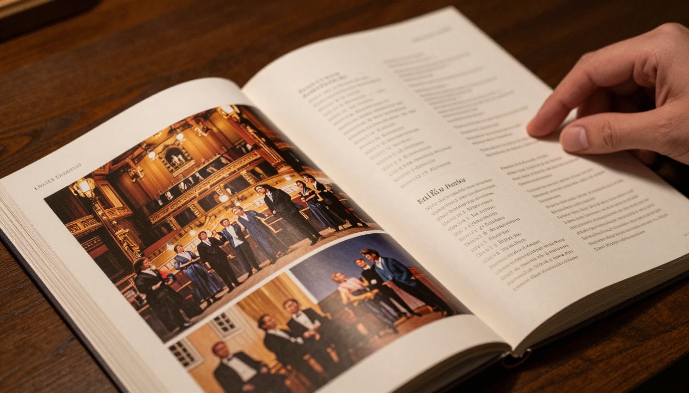 Close-up of a beautifully designed open theater season brochure spread on a dark oak table