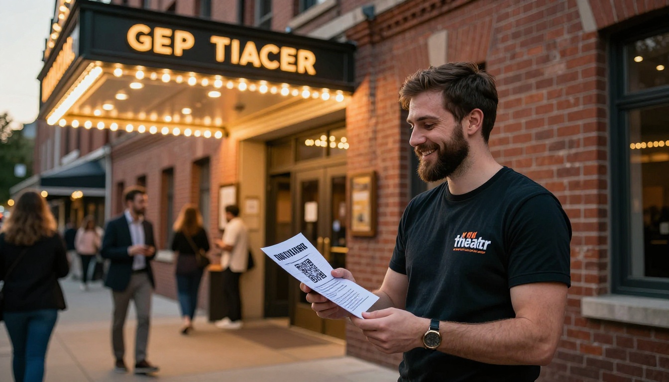 Theater volunteer handing QR code flyers to patrons outside a historic brick theater building at golden hour