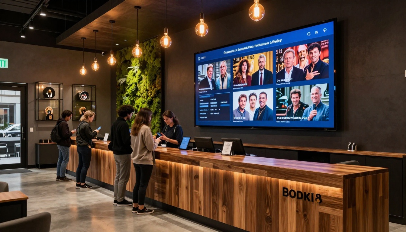 Modern theater box office lobby with sleek digital display screen showing cast information and show details
