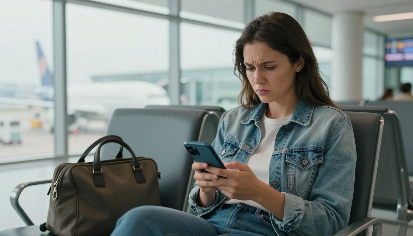 Frustrated traveler trying to read a dense PDF on a smartphone at an airport departure gate Frustrated traveler trying to read a dense PDF on a smartphone at an airport departure gate