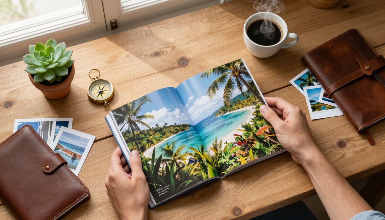 Aerial overhead flat-lay of hands turning glossy travel brochure pages on a rustic oak wooden desk surrounded by a compass, polaroid photos, and a coffee cup Aerial overhead flat-lay of hands turning glossy travel brochure pages on a rustic oak wooden desk surrounded by a compass, polaroid photos, and a coffee cup