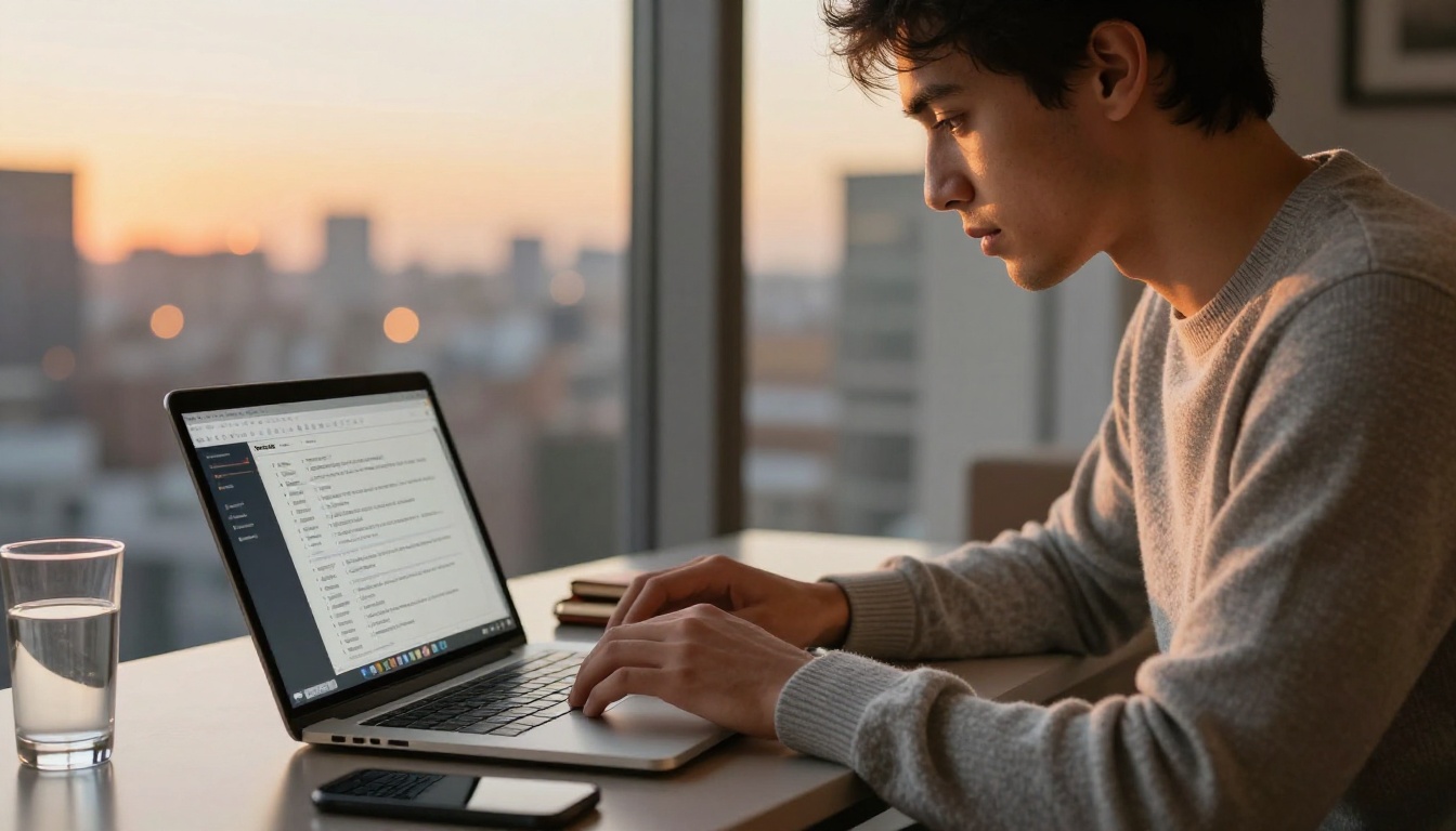 Focused man in a gray sweater organizing a travel itinerary document on a silver MacBook at a boutique hotel desk with a warm golden cityscape visible through the window Focused man in a gray sweater organizing a travel itinerary document on a silver MacBook at a boutique hotel desk with a warm golden cityscape visible through the window