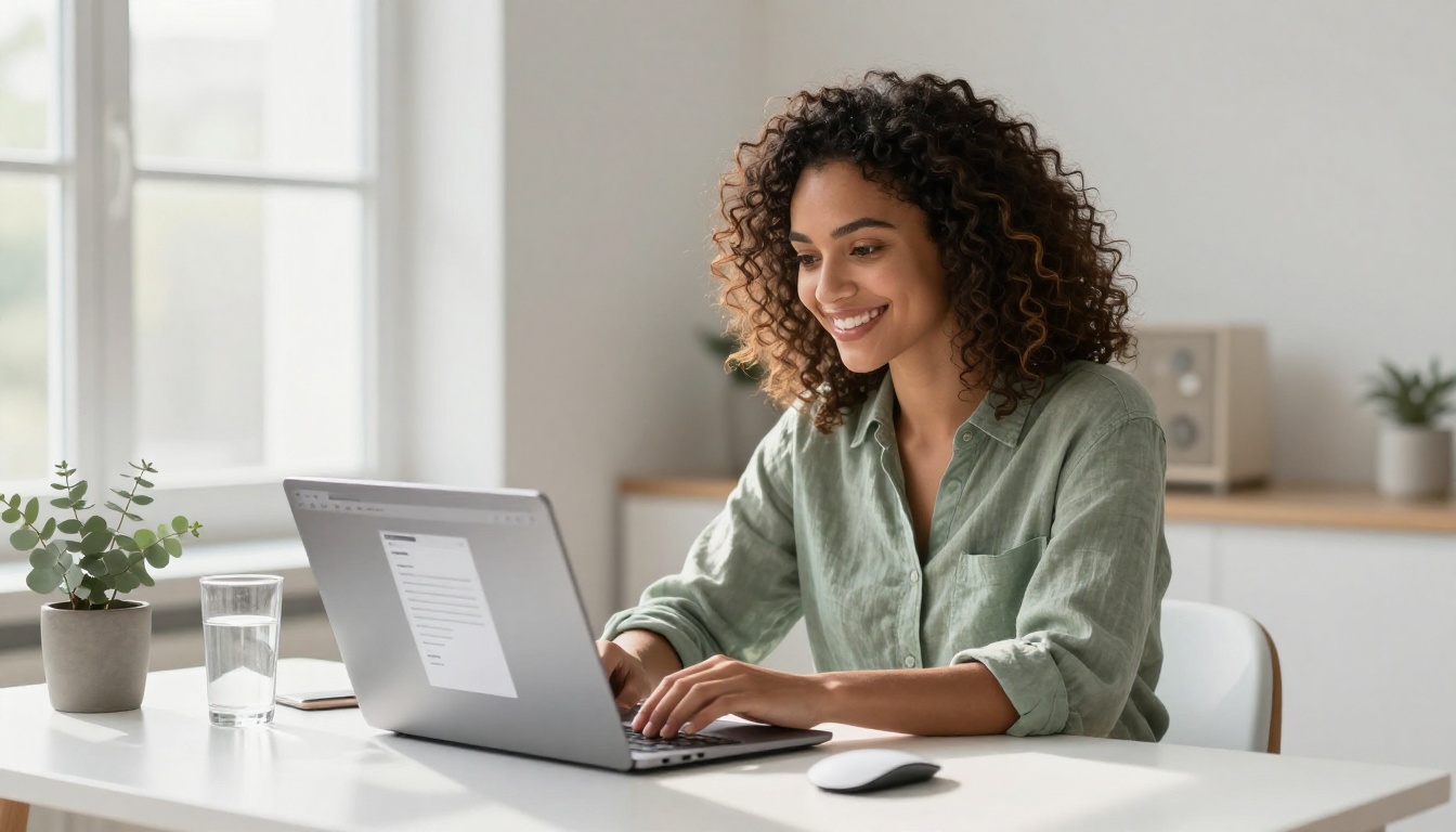 Cheerful woman with natural curly hair smiling while uploading a file on a laptop at a bright minimalist Scandinavian home office desk Cheerful woman with natural curly hair smiling while uploading a file on a laptop at a bright minimalist Scandinavian home office desk