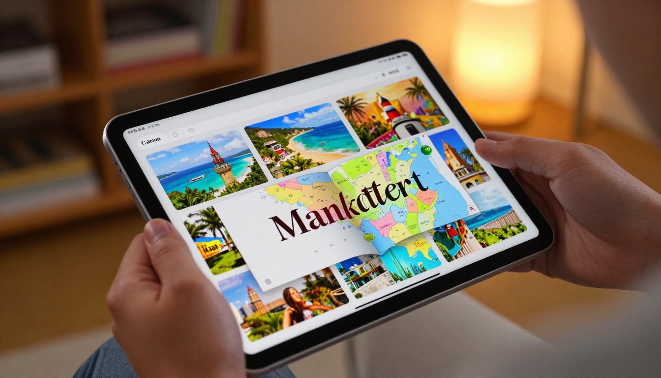 Hands holding an iPad Pro displaying a beautifully designed digital travel flipbook with vivid photography, colorful maps, and a realistic page-curl effect mid-turn Hands holding an iPad Pro displaying a beautifully designed digital travel flipbook with vivid photography, colorful maps, and a realistic page-curl effect mid-turn