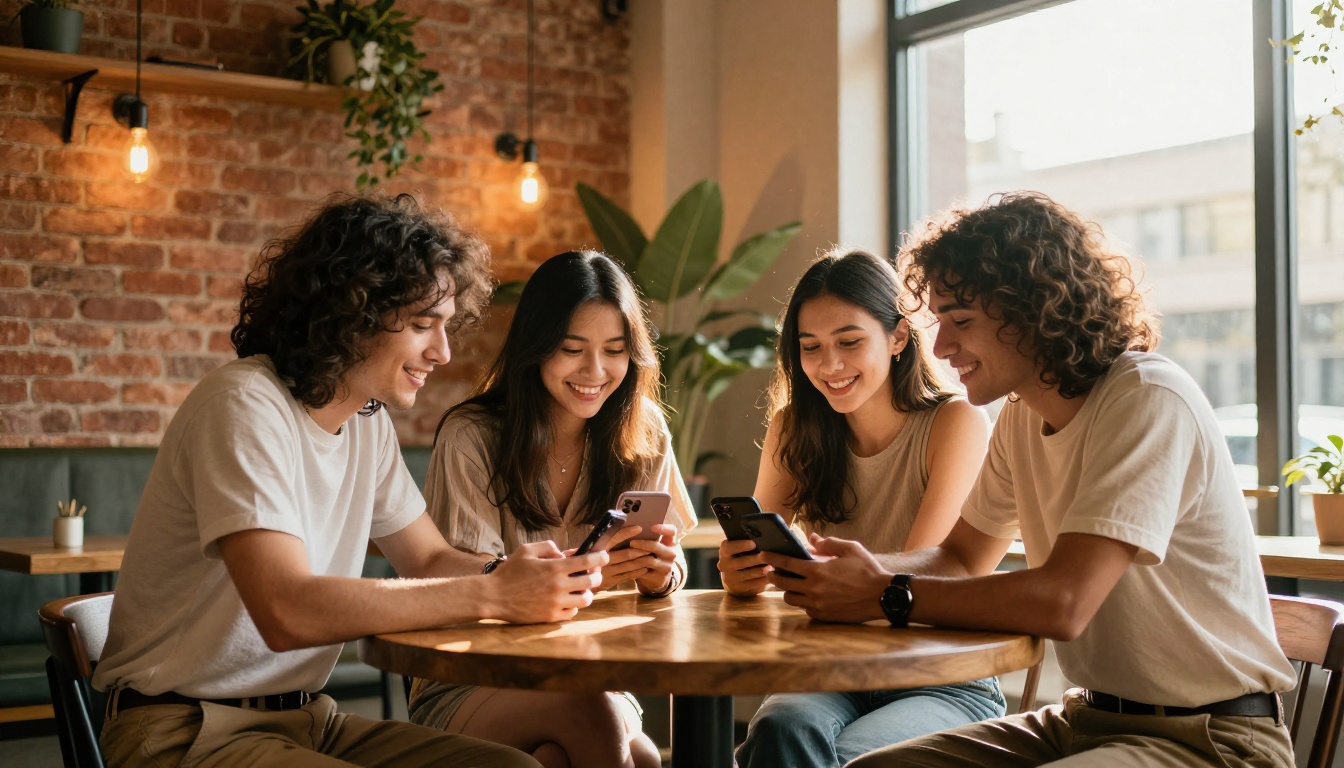 Diverse group of four friends in summer clothes sitting around a café table, all smiling and looking at their smartphones while planning a trip together Diverse group of four friends in summer clothes sitting around a café table, all smiling and looking at their smartphones while planning a trip together