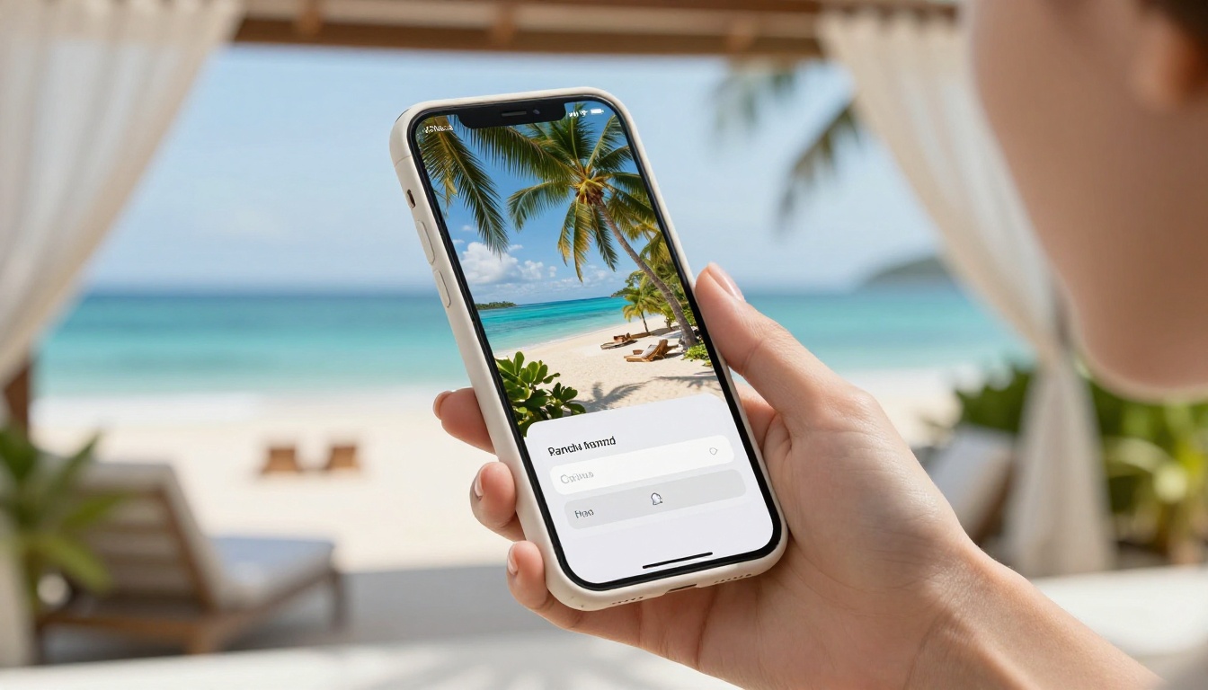 Close-up of an elegant woman's hand holding an iPhone showing a digital document password entry screen over a tropical ocean background Close-up of an elegant woman's hand holding an iPhone showing a digital document password entry screen over a tropical ocean background