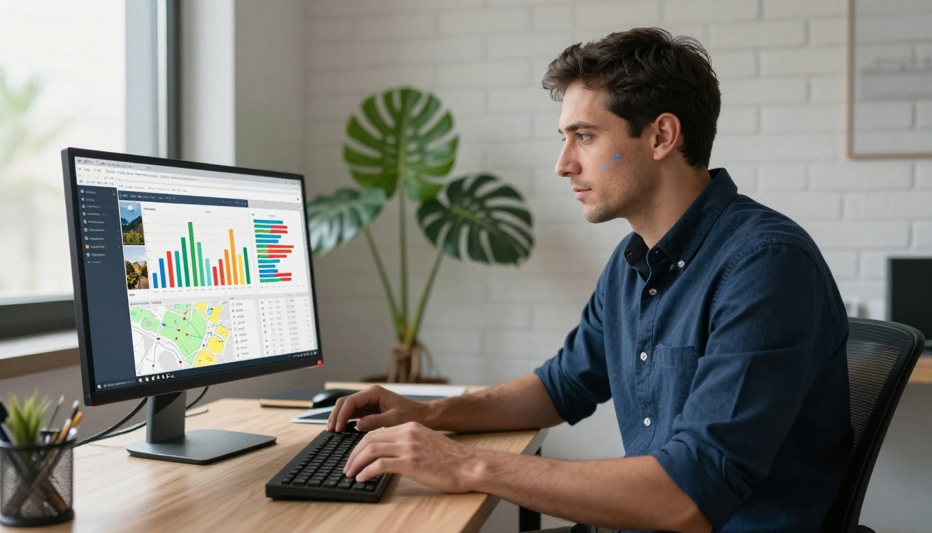Professional man in a navy Oxford shirt reviewing an analytics dashboard on a large monitor in a clean modern home office with a tall monstera plant in the background Professional man in a navy Oxford shirt reviewing an analytics dashboard on a large monitor in a clean modern home office with a tall monstera plant in the background