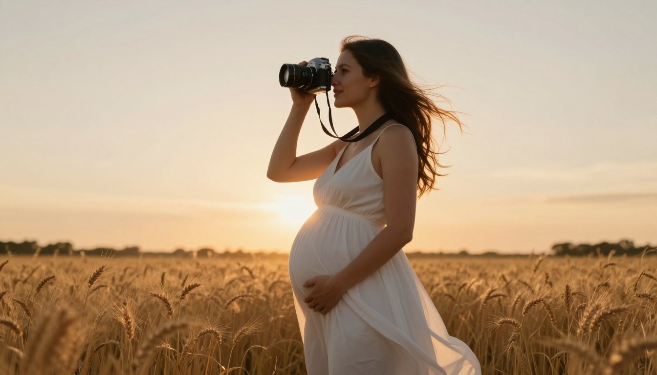 A glowing pregnant woman in a white sundress photographing her baby bump in a golden wheat field during magic hour