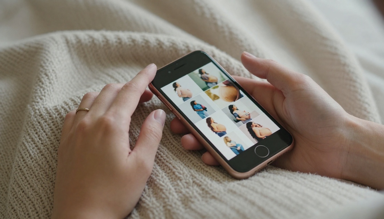Close-up of hands holding a smartphone displaying a grid of pregnancy milestone photos on a chunky knit blanket
